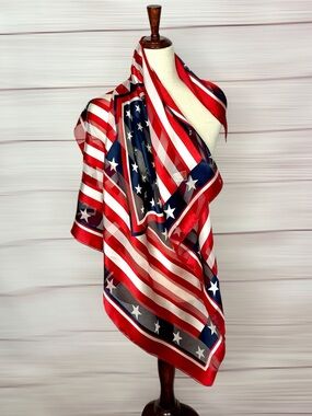 NWT BASHA Silk Scarf Patriotic American Flag Hand Rolled 34x34"